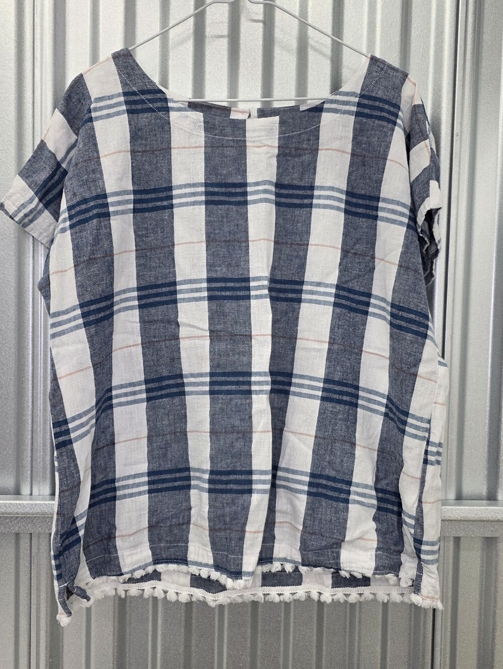 Liz Claiborne Pullover Boxy Blouse Cap Sleeve Women L Linen Cotton Fringe Summer